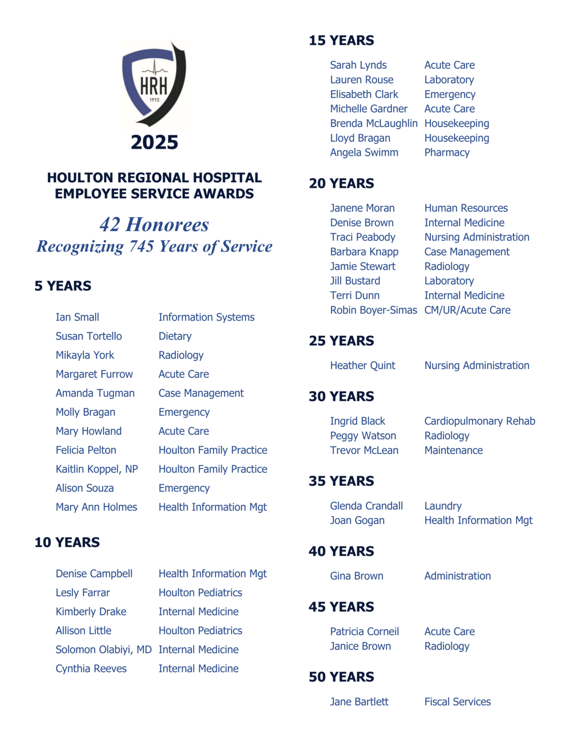 2025 HRH Employee Service Awards | Houlton Regional Hospital